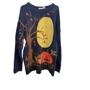 Vintage Lauren Hansen Halloween Sweater Witch Pumpkin Tree Knit Blue Size Large